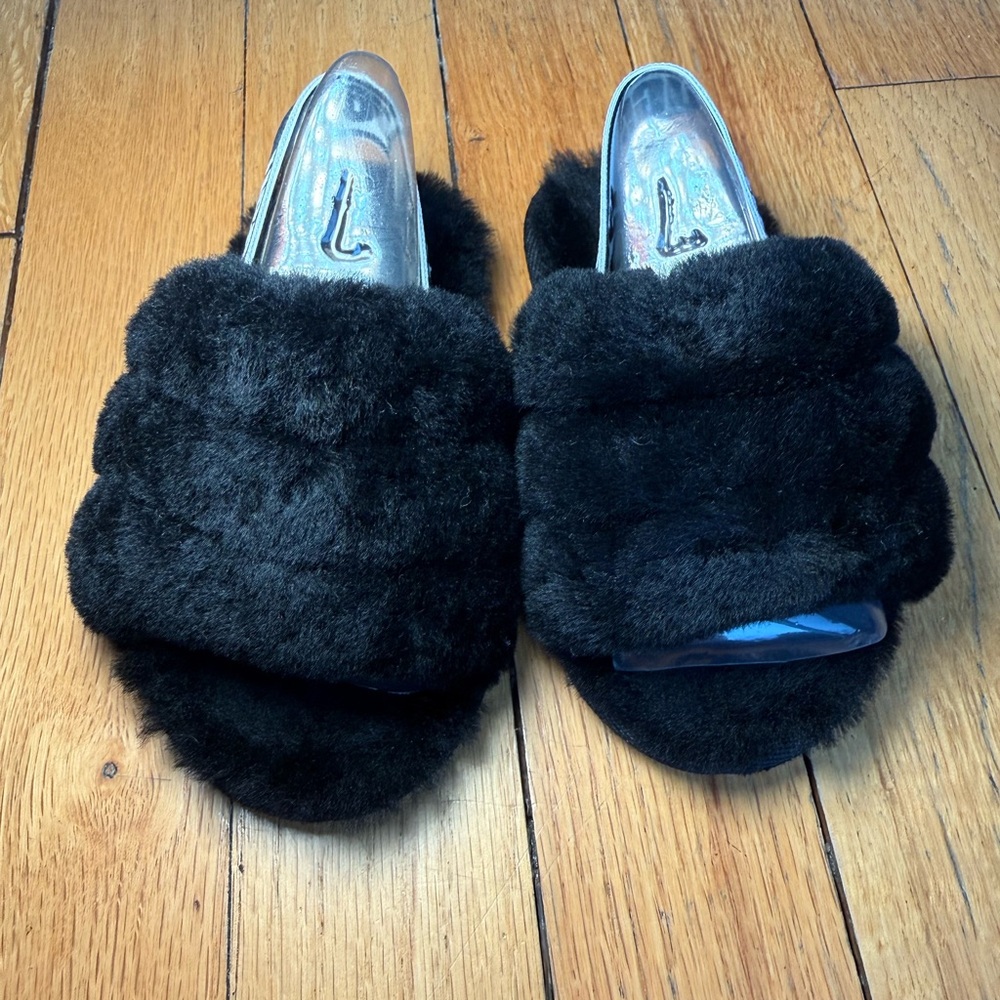 UGG Black Plush Fur Slippers